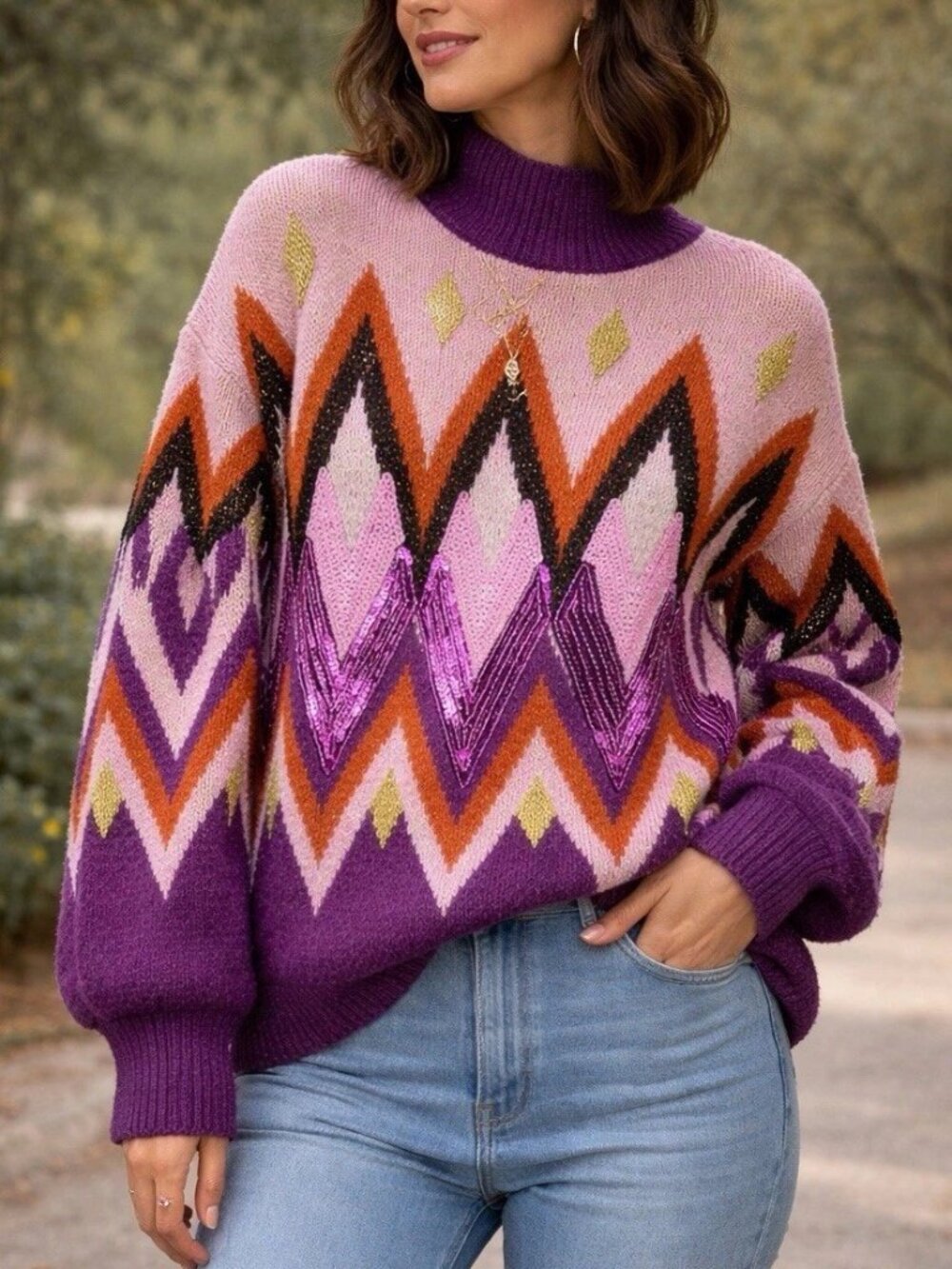 Retro Geometric Harlequin Sweater Long Sleeve Sequin Y2K Vintage Style Mod Top